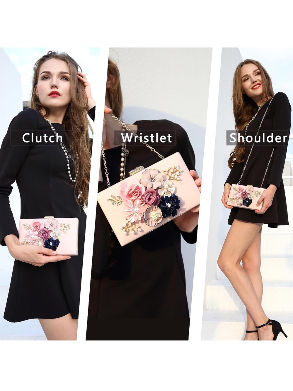 Elegant Pink Floral Clutch Wristlet Shoulder Bag